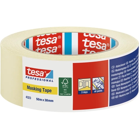 Tesa malertape 38 mm x 50 meter, maskeringstape til malerarbejde, nem at fjerne, FSC-certificeret