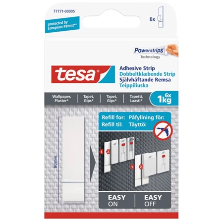 Tesa Powerstrips refill klæbestrips 1 kg til tapet og gips, dobbeltklæbende, 6 stk. i pakken, nem montering uden værktøj