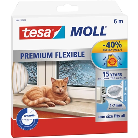 Tesa Premium Flexible tætningsliste i hvid, reducerer energitab med 40%, passer til sprækker på 1-7 mm