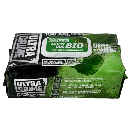 UltraGrime Multiuse Bio wipes med 100 XXL-klude, miljøvenlige og hudvenlige til rengøring af olie, fedt og snavs