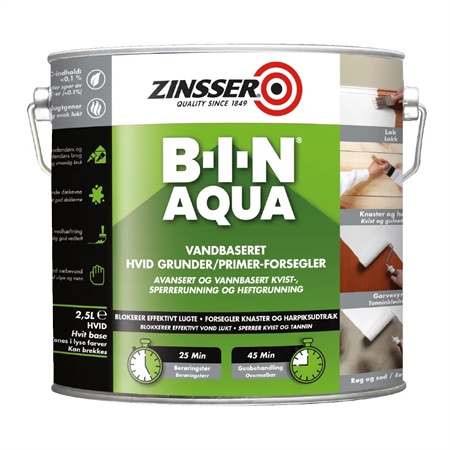 Zinsser B-I-N Aqua vandbaseret grunder og primer, effektiv til spærring af knaster, gennemslag og sikring af god vedhæftning